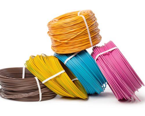 Electrical cable, energy and technology equipment isolated on white